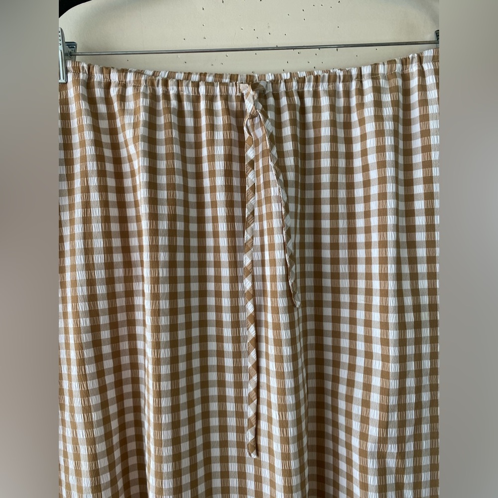 Emerson Lang Tan Gingham Bubble Midi Skirt Size M Tan White Plaid Lined - Picture 5 of 11